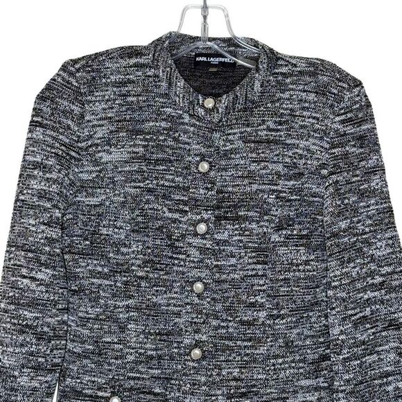 Karl Lagerfeld Grey Long Sleeve Tweed Blazer Jacket Size 2 Faux Pearl Button - Picture 2 of 10